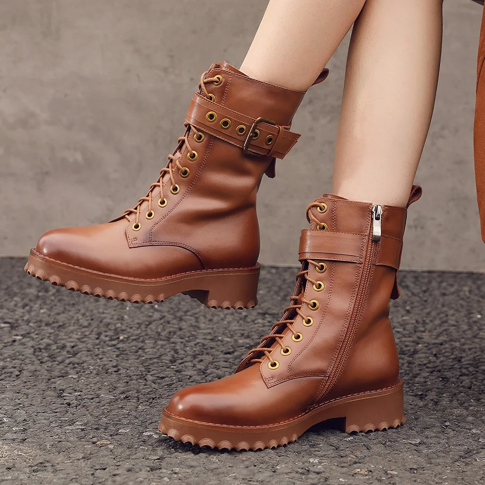 BONJOMARISA Genuine Leather Retro Ladies Platform Buckle shoes lace Mid Calf Boots Luxury Fashion Boots Women Sewing Shoes Woman
BONJOMARISA Genuine Leather Retro Ladies Platform Buckle shoes lace Mid Calf Boots Luxury Fashion Boots Women Sewing Shoes Woman