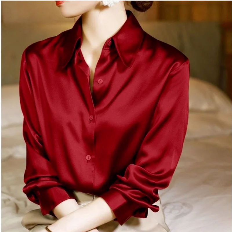 

Silk Crepe Satin Shirt Women's Long-sleeved Loose Commuter Top Button Up Shirt Regular Blusas Mujer De Manga Larga Un Solo Color