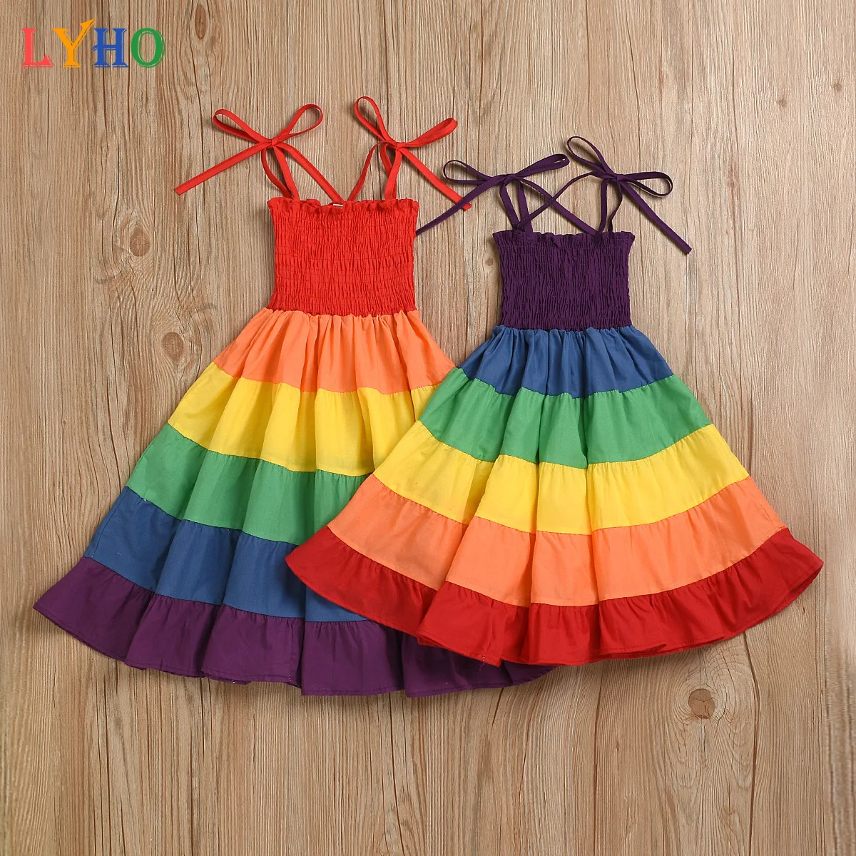 

Toddler Girls Dress Baby Skirt Summer Beach Rainbow Princess Dresses Cut Sew Shirred Cami Dress Kids Fashion Clothes Costume