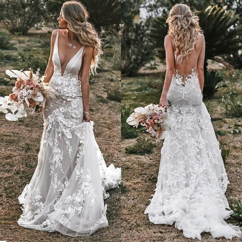 Vintage Mermaid Spaghetti Wedding Dress V-neck Backless Lace Appliques 3D Flowers Elegant Bride Gown With Train
Vintage Mermaid Spaghetti Wedding Dress V-neck Backless Lace Appliques 3D Flowers Elegant Bride Gown With Train