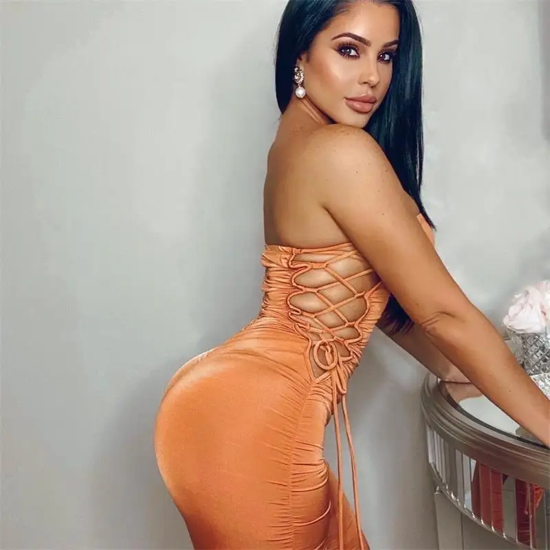 Women's new solid color pleated halter open waist lace-up one-shoulder tube top jumpsuit
Women's new solid color pleated halter open waist lace-up one-shoulder tube top jumpsuit