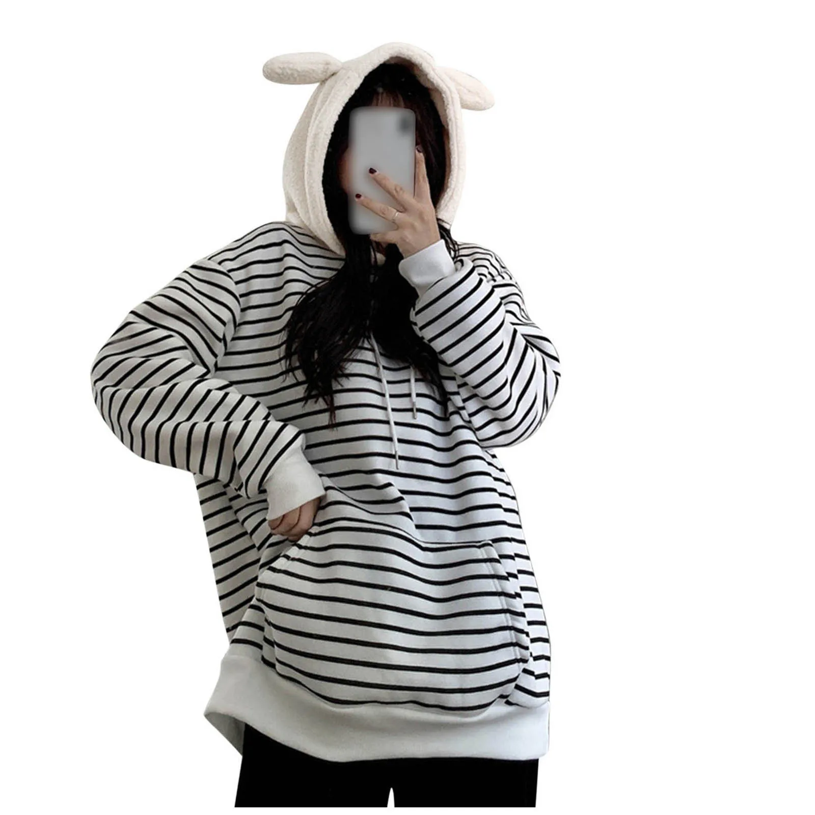 Stripe Print Women's Hooded Pocket Loose Plush Long Sleeved Ladies Sweatshirts Animal Ears Drawstring Keep Warm Ladies Pullovers
Stripe Print Women's Hooded Pocket Loose Plush Long Sleeved Ladies Sweatshirts Animal Ears Drawstring Keep Warm Ladies Pullovers