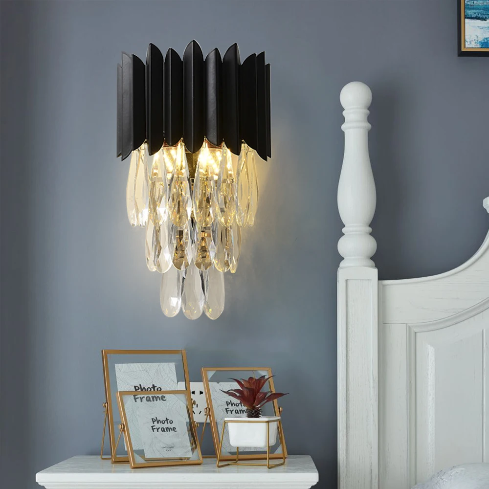 Luxury crystal wall lamp living room bedroom bedside wall light black metal sconce
Luxury crystal wall lamp living room bedroom bedside wall light black metal sconce