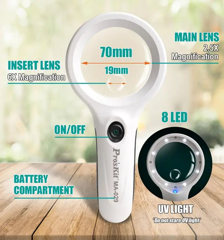 Proskit MA-029 handheld magnifying glass high-definition elderly reading clock factory maintenance LED light
Proskit MA-029 handheld magnifying glass high-definition elderly reading clock factory maintenance LED light