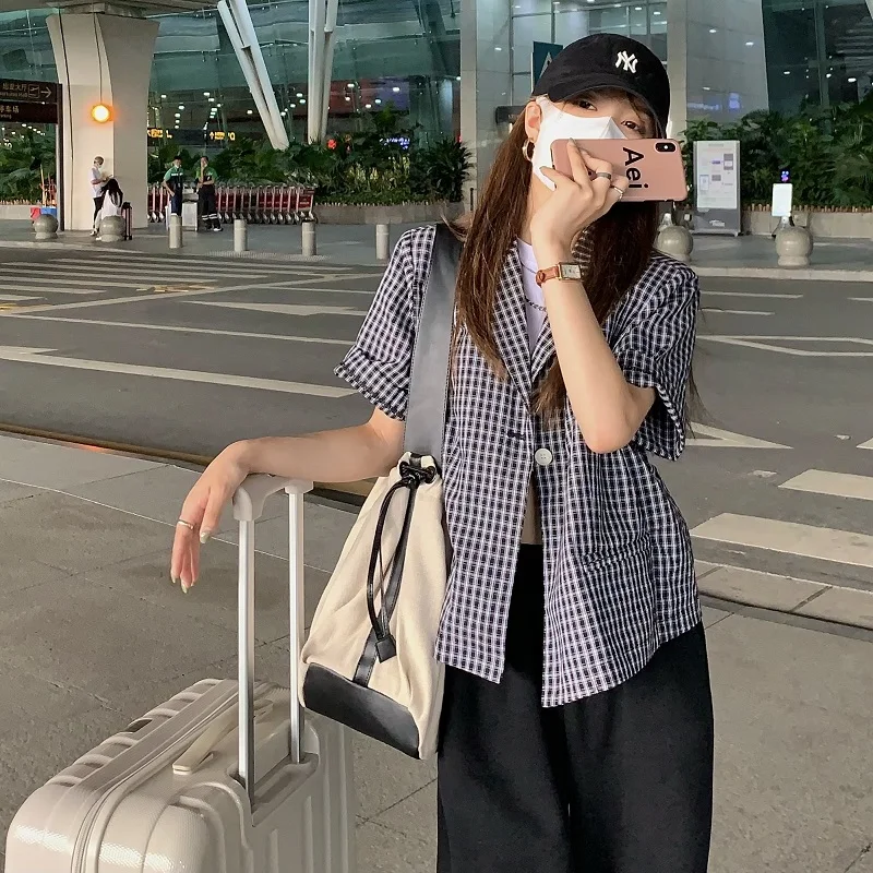 Kimotimo Plaid Jacket Women Korean Casual Loose Short Sleeve Ladies Blazers Summer Thin Fashion All-match Single Button Coats 
Kimotimo Plaid Jacket Women Korean Casual Loose Short Sleeve Ladies Blazers Summer Thin Fashion All-match Single Button Coats