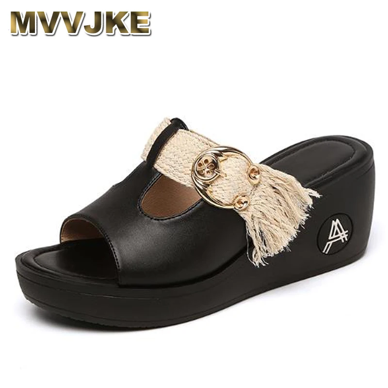 

MVVJKEWomen slipper 2020 ladies summer slippers shoes women wedges heels fashion summer genuine leather platform shoes