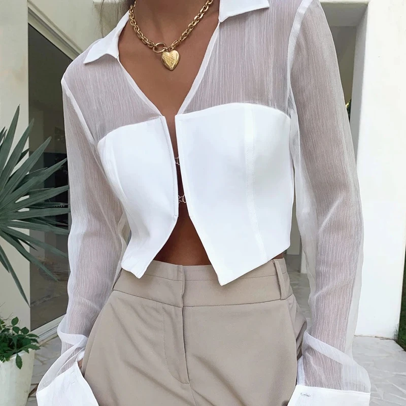 Summer Women White Shirts Elegant Long Sleeve Gauze Sexy Single Row Two Buttons Fashion Lady Girls Party Casual Tops 2021 New 
Summer Women White Shirts Elegant Long Sleeve Gauze Sexy Single Row Two Buttons Fashion Lady Girls Party Casual Tops 2021 New