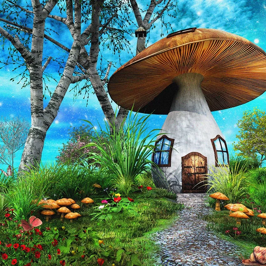 

8X8 футов красивый гриб дом зеленая трава деревья сказка голубое небо пользовательский фото фон винил 240 см X 240 см