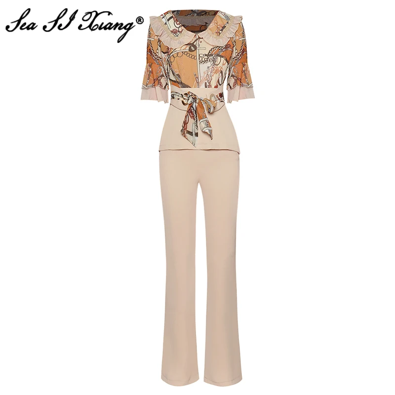 Seasixiang Fashion Designer Summer Suit Women Lace Up Print Flare Sleeve Tops + Solid Elastic Waist Flare Pants Two Piece Set
Seasixiang Fashion Designer Summer Suit Women Lace Up Print Flare Sleeve Tops + Solid Elastic Waist Flare Pants Two Piece Set