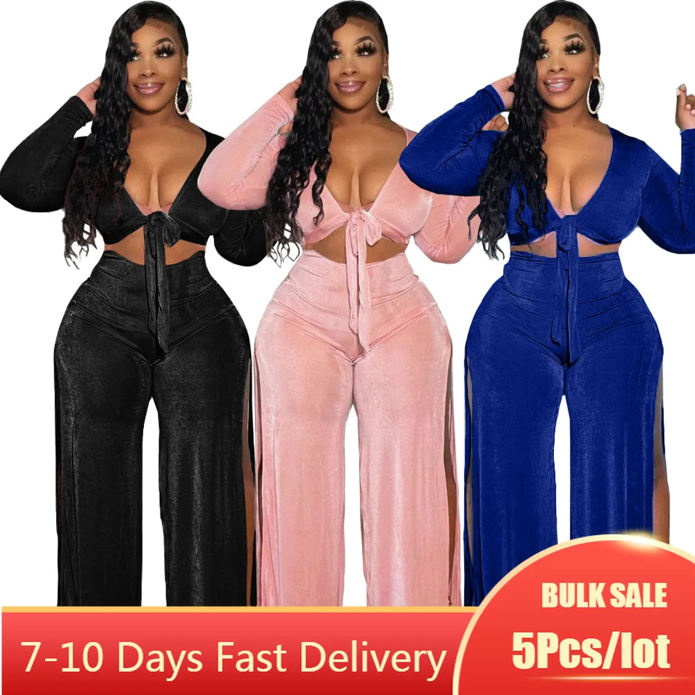 5PCS Bulk Wholesale Item Casaul Women Fall Two Piece Set Velvet Tracksuit Bandage Crop Tops Long Wide Split Pants Matching Set
5PCS Bulk Wholesale Item Casaul Women Fall Two Piece Set Velvet Tracksuit Bandage Crop Tops Long Wide Split Pants Matching Set