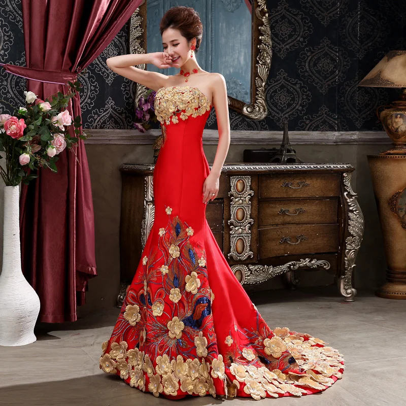 Red Mermaid Cheongsam Traditional Chinese Wedding Dress Women Dress Elegant Fishtail Evening Dress Flower Qipao Sexy Strapless
Red Mermaid Cheongsam Traditional Chinese Wedding Dress Women Dress Elegant Fishtail Evening Dress Flower Qipao Sexy Strapless