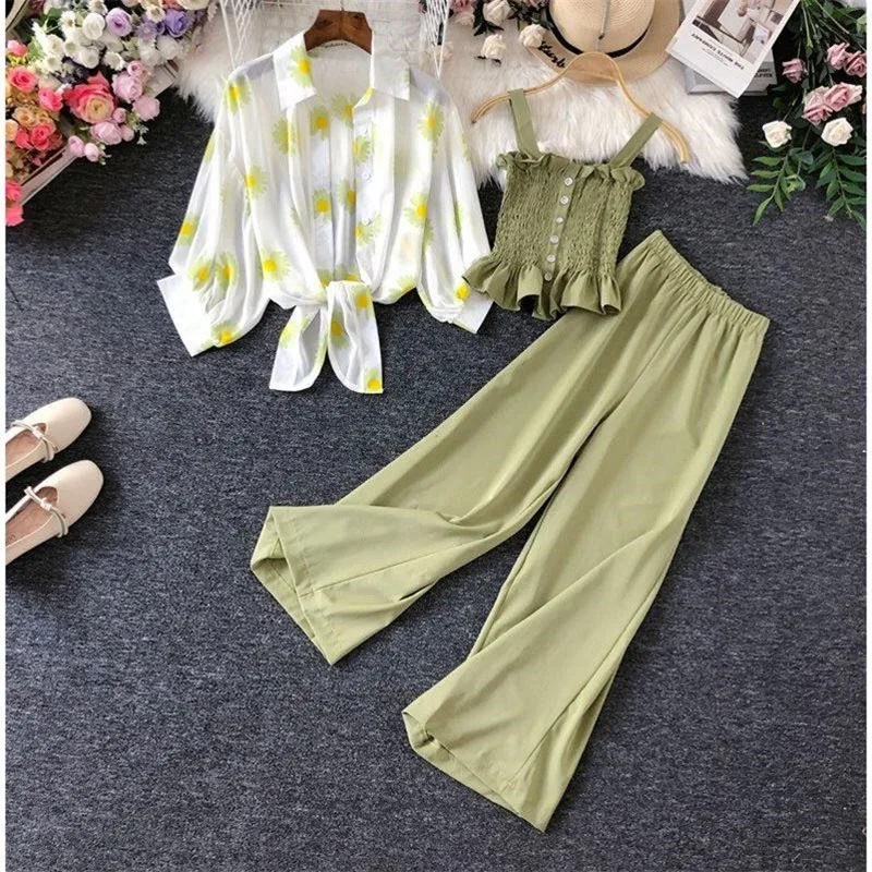 Fashion Suit Three-piece set Women's Summer Tops Sun Protection Chiffon Blouse Coat +Vest+Wide leg long pants new fashion2021
Fashion Suit Three-piece set Women's Summer Tops Sun Protection Chiffon Blouse Coat +Vest+Wide leg long pants new fashion2021