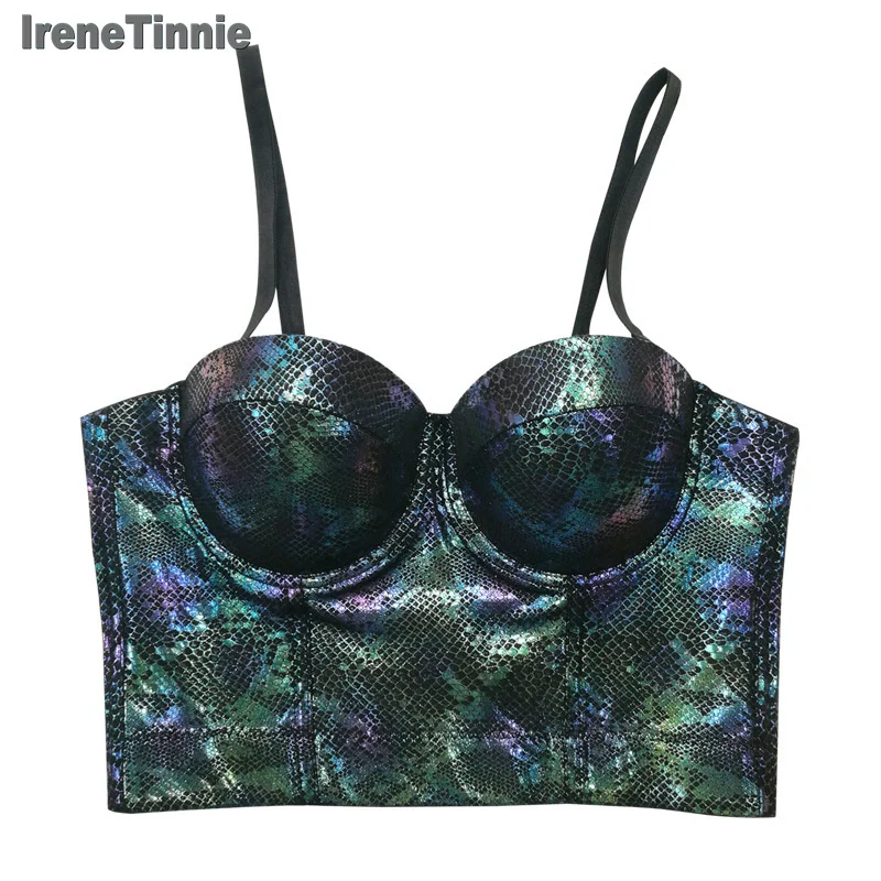 

Irene Tinnie New Fashion Snakeskin Women Crop Top Sexy PU Leather Bustier Corset Inner Cami Bralette Vest Tank Dance Clubwear