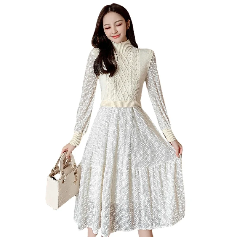 New Autumn Knitted Patchwork Lace Dress Women Korean Half Turtleneck Long Sleeve Knee-length Dresses Elegant Vestidos Robe
New Autumn Knitted Patchwork Lace Dress Women Korean Half Turtleneck Long Sleeve Knee-length Dresses Elegant Vestidos Robe