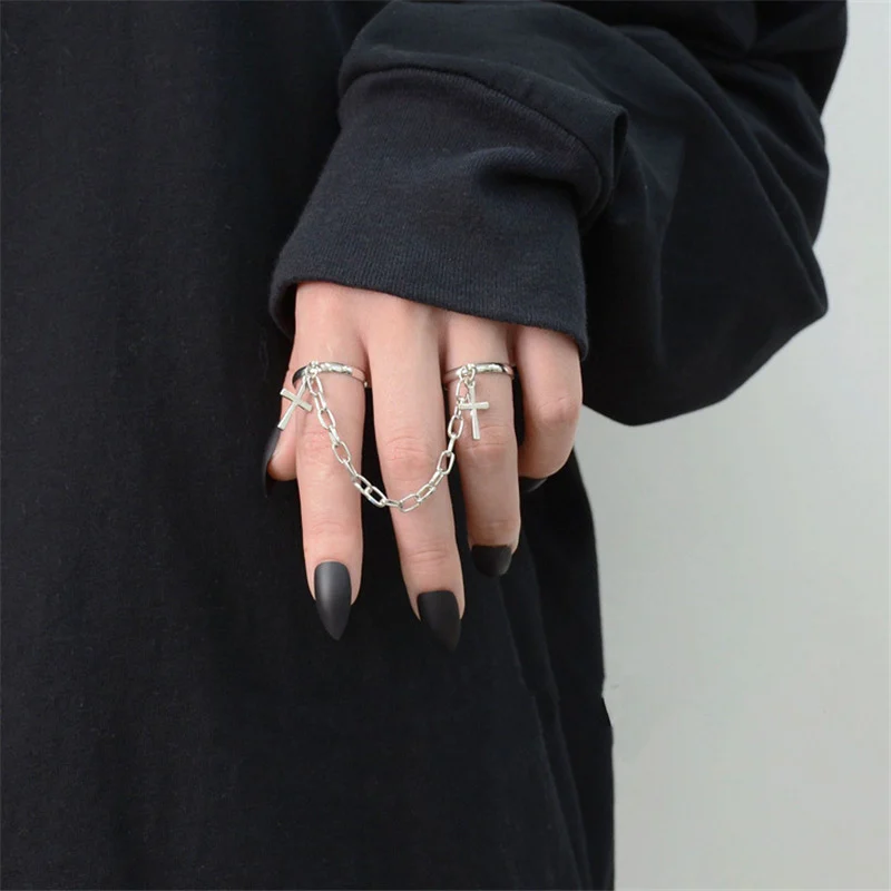 Punk Hip Hop Cross Ring Finger Chain Adjustable Two Link Rings Jewelry Gift For Men's Women's Gothic Jewelry 2021 Fashion Anillo
Punk Hip Hop Cross Ring Finger Chain Adjustable Two Link Rings Jewelry Gift For Men's Women's Gothic Jewelry 2021 Fashion Anillo