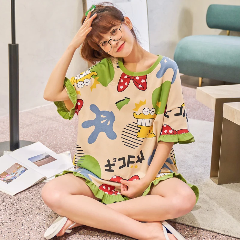 Summer Pajamas For Women Fashion Korean Green Ruffle Short Sleeve Cotton Homewear Kawaii Colorful Cartoon Print Girls Sleepwear
Summer Pajamas For Women Fashion Korean Green Ruffle Short Sleeve Cotton Homewear Kawaii Colorful Cartoon Print Girls Sleepwear