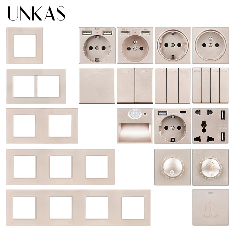 UNKAS Gold Glass Panel DIY Free Combination French EU Dual USB 1 2 3 4 Gang 1/2 Way On/Off Push Button Switch 5 Hole Type C
UNKAS Gold Glass Panel DIY Free Combination French EU Dual USB 1 2 3 4 Gang 1/2 Way On/Off Push Button Switch 5 Hole Type C