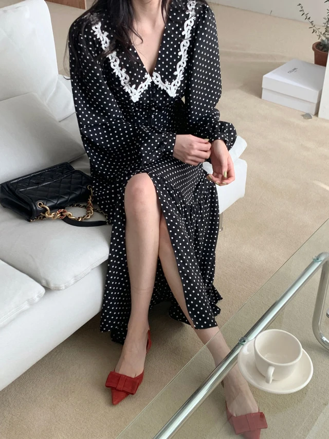 Elegant Lace Patch Dot Hook Flower Dress Women High Waist Hip A Line Long Vestidos Doll Collar Long Sleeve Robe Spring
Elegant Lace Patch Dot Hook Flower Dress Women High Waist Hip A Line Long Vestidos Doll Collar Long Sleeve Robe Spring