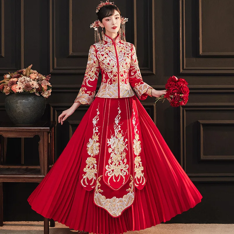

FZSLCYIYI китайское традиционное свадебное платье Cheongsam с цветочной вышивкой красное атласное женское золотое парчовое платье для свадьбы Qipao