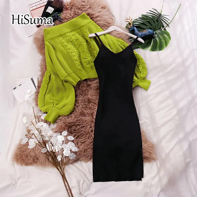 2021 spring new female slash neck lantern sleeve knit blouses sweater + strap chic sheath dress two-piece sets women suits
2021 spring new female slash neck lantern sleeve knit blouses sweater + strap chic sheath dress two-piece sets women suits