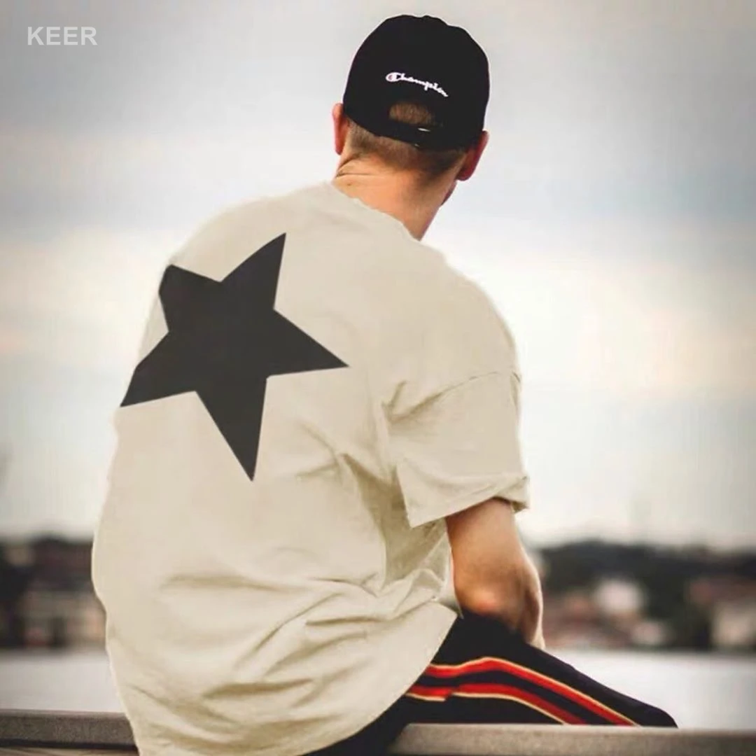 Essentials Men's T-Shirt 100% Cotton Loose Five Pointed Star Print Hip-Hop Style Quality Movement Unisex Short Sleeve | Мужская