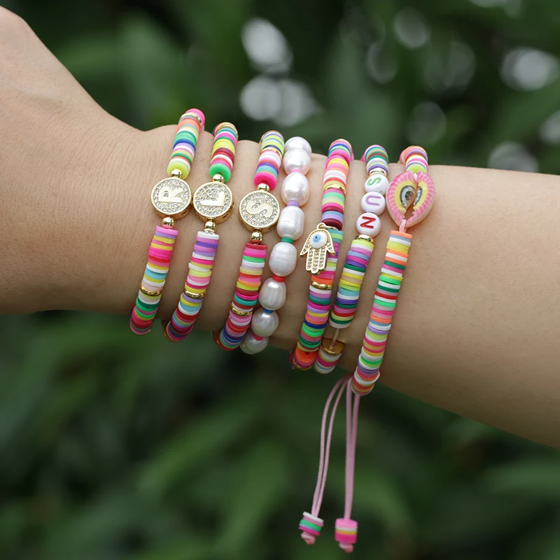 New Boho CZ Paved Initial 26 Alphabet Letter Name Rainbow Candy Color Polymer Clay Elastic Charm Bracelet For Women Girl Jewelry
New Boho CZ Paved Initial 26 Alphabet Letter Name Rainbow Candy Color Polymer Clay Elastic Charm Bracelet For Women Girl Jewelry
