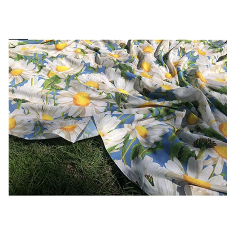 

Blue chrysanthemum printed polyester fabric cloth 145 cm width pants shirt camisole dress crepe de chine fabric Hot sale in 2020