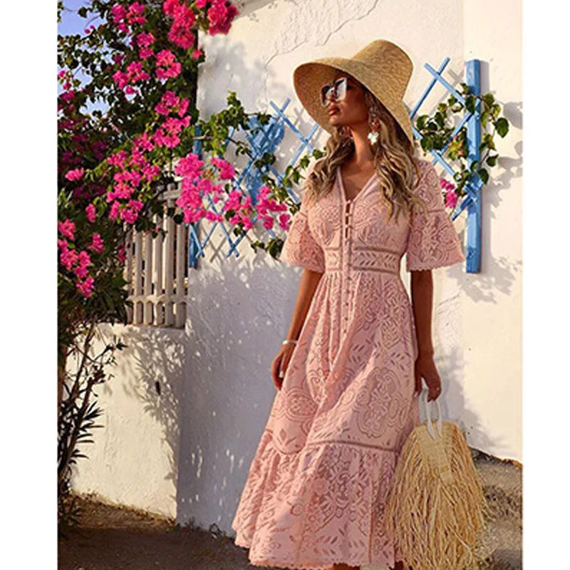 Sexy V-neck Half Sleeve Slim Dress Summer Pretty Lady Single-breasted Lace Floral Hollow Dresses Women Mid-Calf Bohemian Dress
Sexy V-neck Half Sleeve Slim Dress Summer Pretty Lady Single-breasted Lace Floral Hollow Dresses Women Mid-Calf Bohemian Dress