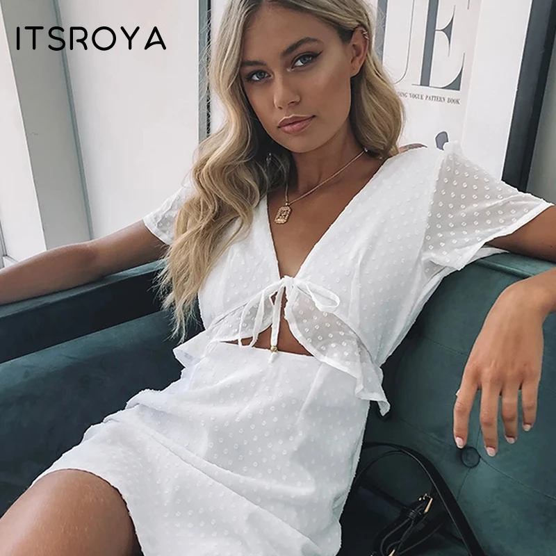 Летнее шифоновое короткое платье Itsroya женское с оборками и V образным вырезом