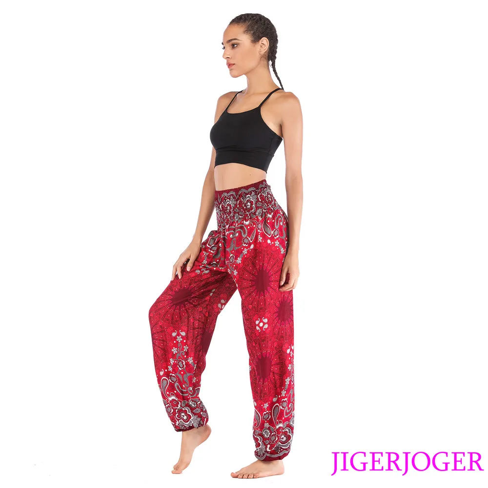 

JIGERJOGER Rayon Cotton Wine Red Sunflower mandala Harem Pants thai pocket Loose High waistband yoga leggings free drop shipping