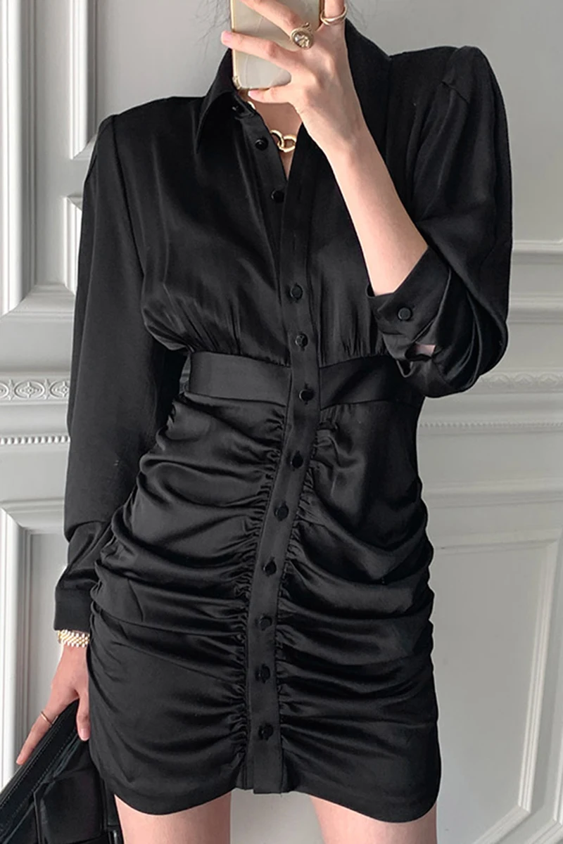Women Sexy Lapel Ruched Single-Breasted Waist-slimming Short Dress Lady Long Sleeves Pleated Hip Package Dress
Women Sexy Lapel Ruched Single-Breasted Waist-slimming Short Dress Lady Long Sleeves Pleated Hip Package Dress