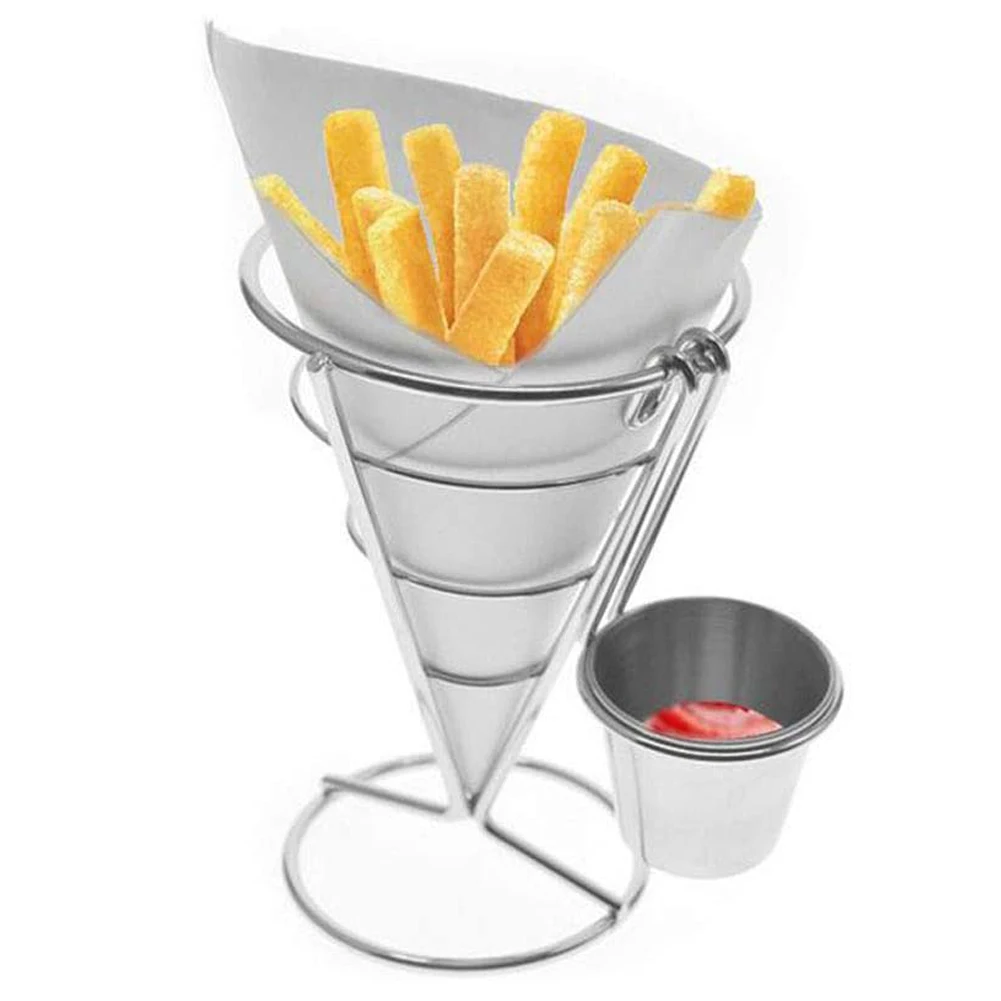French Fries Fish And Chips And Appetizers Stand Stainless Steel Cone Basket Fry Holder With Sauce Cup Kitchen Party Supplies
French Fries Fish And Chips And Appetizers Stand Stainless Steel Cone Basket Fry Holder With Sauce Cup Kitchen Party Supplies
