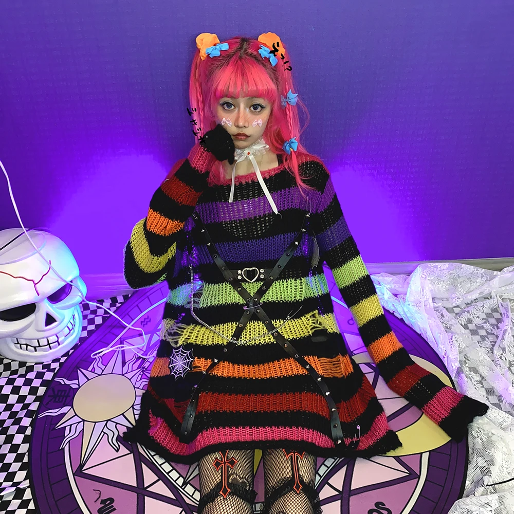 Japanese Long-sleeve Women Sweater Harajuku Vintage Punk Dark Hole Striped Loose Punk Winter Top O-neck Cute Knitted Sweaters
Japanese Long-sleeve Women Sweater Harajuku Vintage Punk Dark Hole Striped Loose Punk Winter Top O-neck Cute Knitted Sweaters