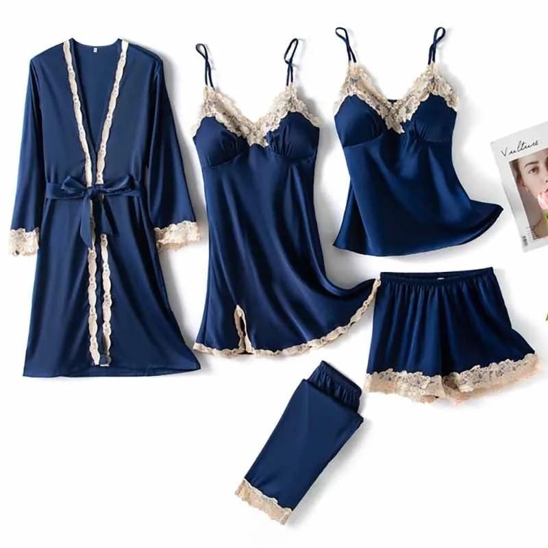 Satin Women Gray Pyjamas Suit Sexy Lace 5PCS Sleepwear Spring Summer Pajamas Set V-neck Sleep Set Casual Nightgown Home Wear
Satin Women Gray Pyjamas Suit Sexy Lace 5PCS Sleepwear Spring Summer Pajamas Set V-neck Sleep Set Casual Nightgown Home Wear