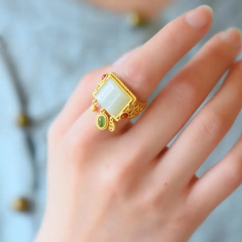 Mushan Natural Hetian Jade Ring Ancient Sterling Silver Gold Square Ring Elegant Retro Palace Style Open Ring Women
Mushan Natural Hetian Jade Ring Ancient Sterling Silver Gold Square Ring Elegant Retro Palace Style Open Ring Women