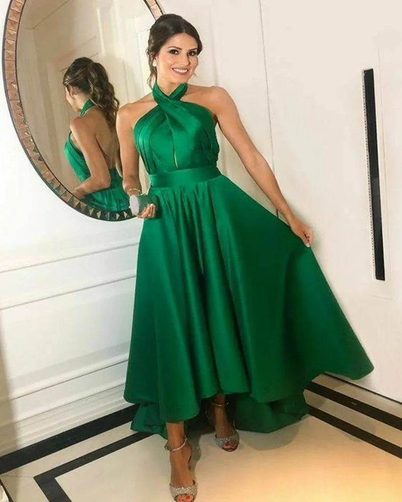 

Elegant Green A-Line Halter Evening Dress 2022 High Low Satin Arabic Abendkleider Formal Party Gown Robe De Soiree