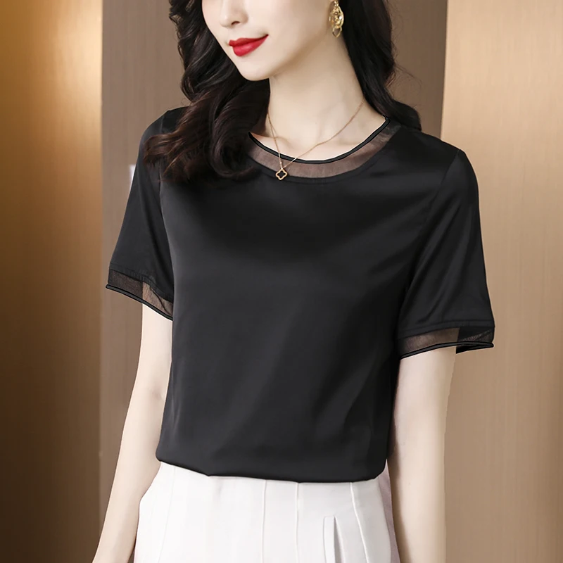 Summer Korean Fashion Silk T-shirts for Women Vintage Satin Tops for Women Short Sleeves Black Office Lady Shirts
Summer Korean Fashion Silk T-shirts for Women Vintage Satin Tops for Women Short Sleeves Black Office Lady Shirts