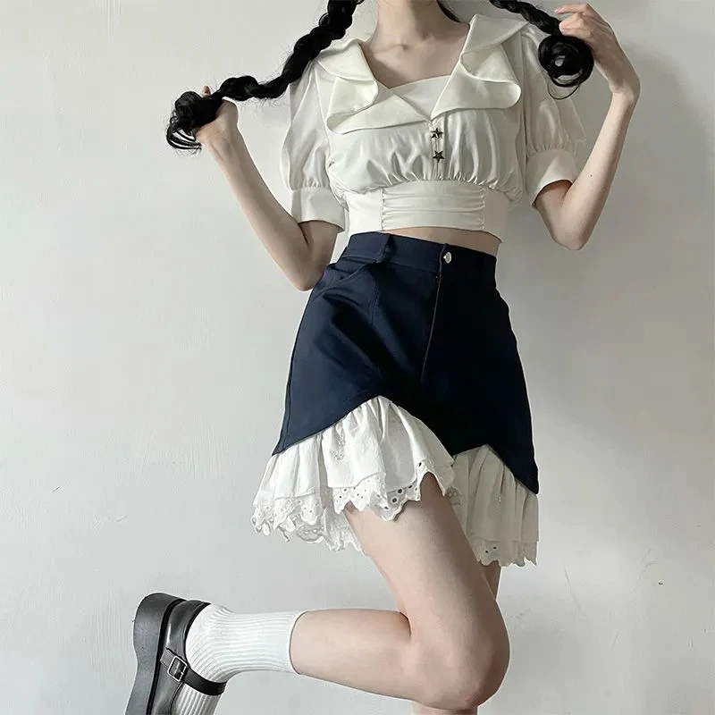 2pcs Sailor Set Lace Korean style plus size summer Women shirt+ pants Solid Tops Vintage pants Sets Elegant
2pcs Sailor Set Lace Korean style plus size summer Women shirt+ pants Solid Tops Vintage pants Sets Elegant