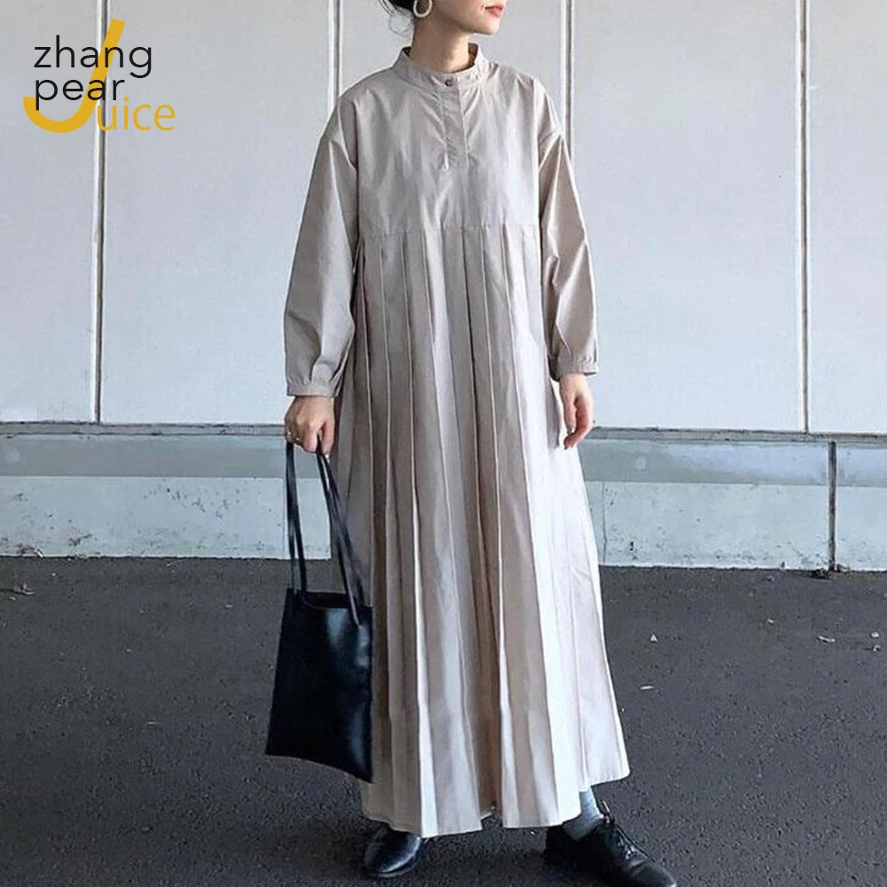 Female Long Sleeve Loose Pleated Dress Women Casual Stand Collar Maxi Dress Lady Dress Vestidos
Female Long Sleeve Loose Pleated Dress Women Casual Stand Collar Maxi Dress Lady Dress Vestidos