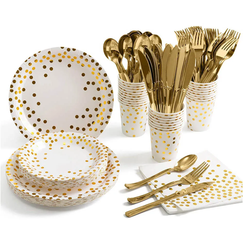 

175pcs Disposable Tableware Set Bronzing Polka Dot Paper Towel Cup Plate Knife Fork Spoon Set Wedding Birthday Party Supplies