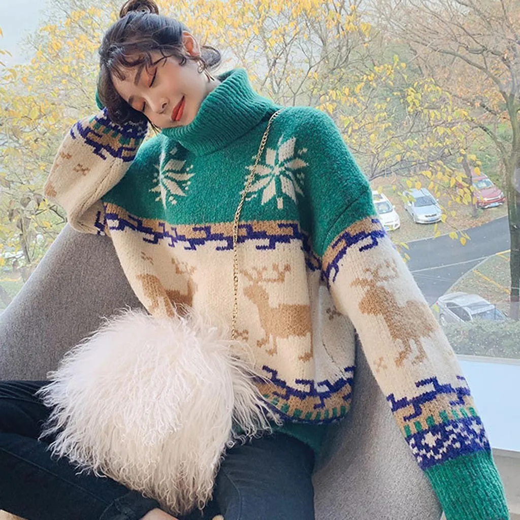 Knitted Sweater Women Long Sleeve Merry Christmas Elk Print Knit Sweater Pullover Top Pull Femme Turtleneck Sweater Women
Knitted Sweater Women Long Sleeve Merry Christmas Elk Print Knit Sweater Pullover Top Pull Femme Turtleneck Sweater Women