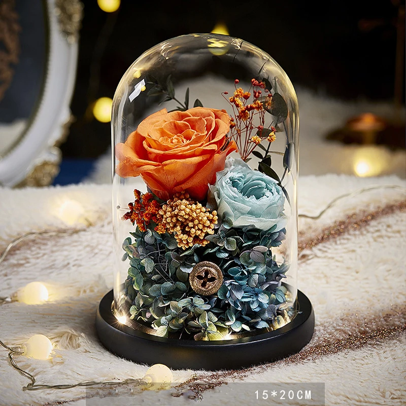 

Wedding Rose Dried Flower Romantic Eternal Flower Home Decor Bunch of Flowers In Glass Ornament Dome 2022 Valentine's Day Gifts