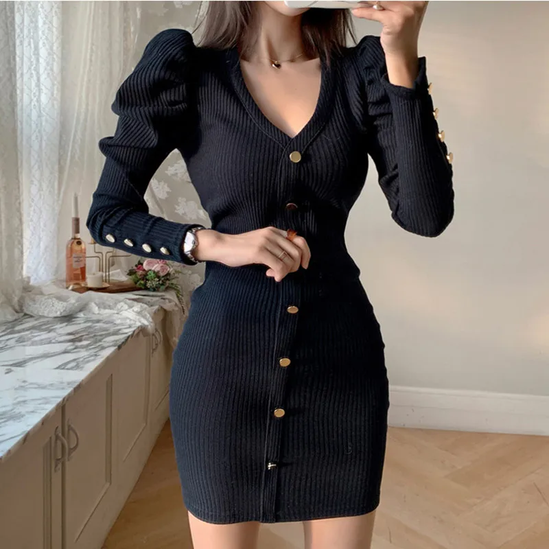 Chic Autumn Winter Sexy V-Neck Elegant Puff Sleeve Knitted Sweater Dress Women Vestidos Single-breast Korean Mini Bodycon Dress
Chic Autumn Winter Sexy V-Neck Elegant Puff Sleeve Knitted Sweater Dress Women Vestidos Single-breast Korean Mini Bodycon Dress