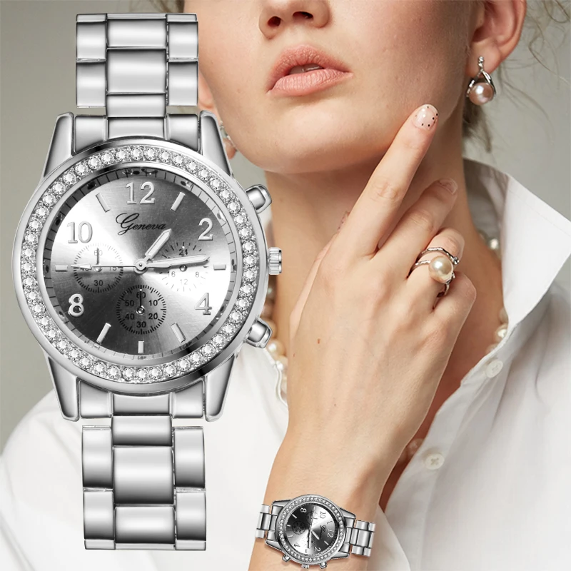 Фото Женские Серебристые часы модные женские кварцевые роскошные наручные Стразы