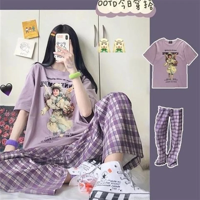 Korean Pajamas Women New Summer Cute Cartoon Print Pyjamas Girls Kawaii Plaid Pijamas Plus Size Sleepwear Sets 2 Piece Home Suit
Korean Pajamas Women New Summer Cute Cartoon Print Pyjamas Girls Kawaii Plaid Pijamas Plus Size Sleepwear Sets 2 Piece Home Suit