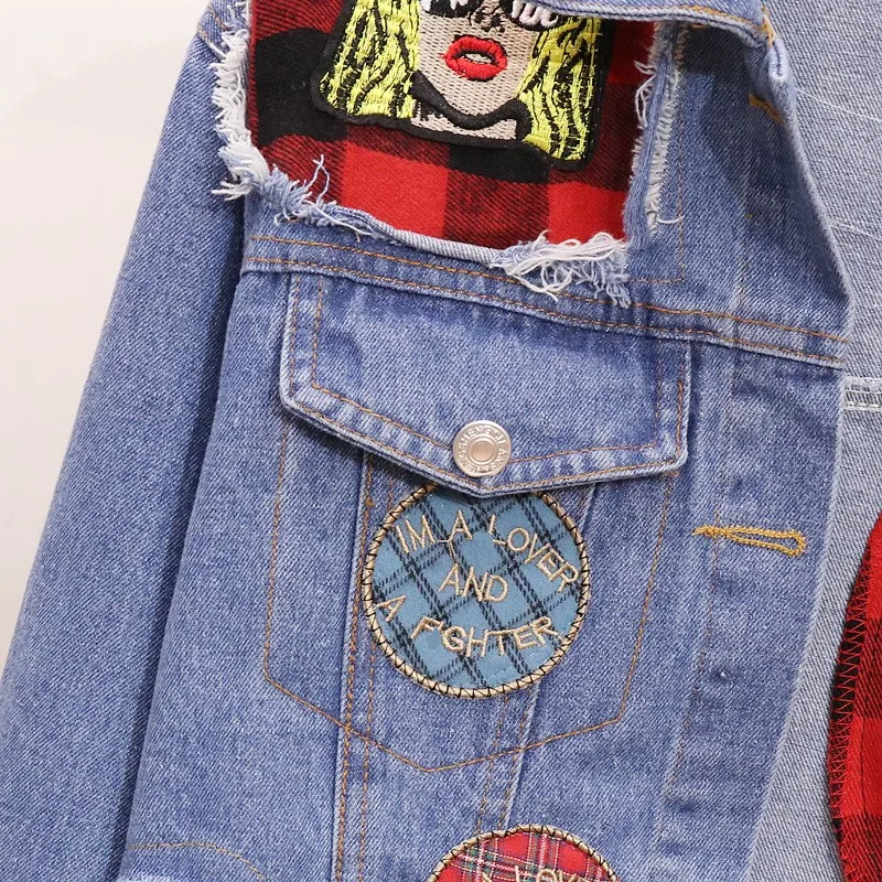 Asymmetrial Denim Patchwork Red Plaid Shirt Epaulette Patch Designs Hole Womens Jackets Long Sleeve Medium Length Casual Coats
Asymmetrial Denim Patchwork Red Plaid Shirt Epaulette Patch Designs Hole Womens Jackets Long Sleeve Medium Length Casual Coats