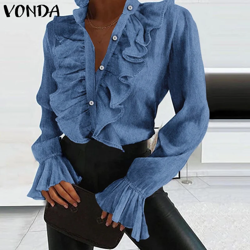 Women Elegant Long Sleeve Blouse VONDA 2021 Vintage Demin Shirts Office Ladies Tops Casual Lapel Neck Party Shirts Tunic Blusas
Women Elegant Long Sleeve Blouse VONDA 2021 Vintage Demin Shirts Office Ladies Tops Casual Lapel Neck Party Shirts Tunic Blusas