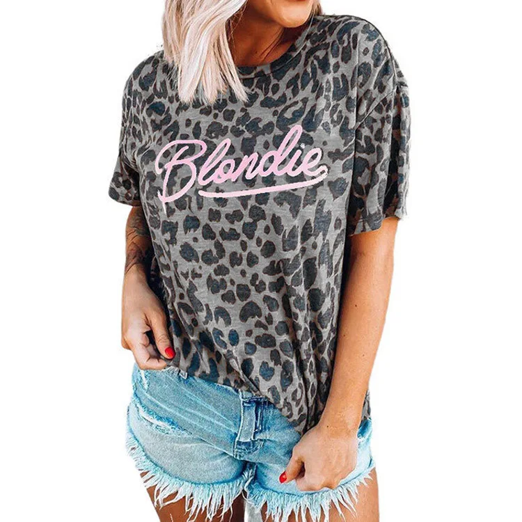 2021 women's Leopard Print English round neck T-shirt loose short sleeve fresh and sweet