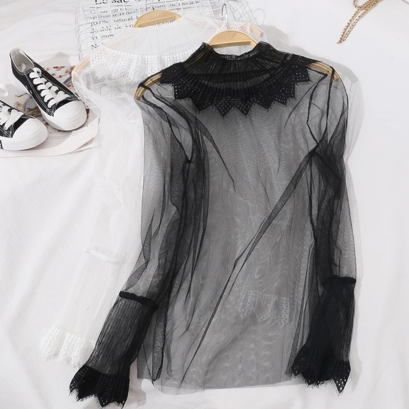 2021 Women Flare Sleeve Mesh Gauze Hollow Lace Flower Ruffles Embroidery Shirt Lady Elastic Slim Pullover Party Chic Blouse Tops 
2021 Women Flare Sleeve Mesh Gauze Hollow Lace Flower Ruffles Embroidery Shirt Lady Elastic Slim Pullover Party Chic Blouse Tops