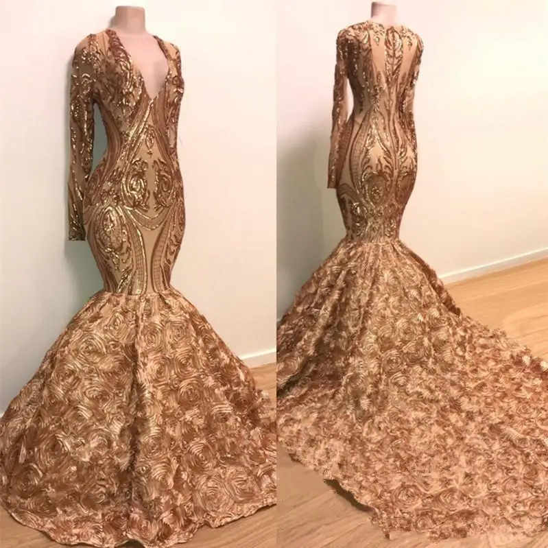 Sequins Applique Mermaid Evening Dresses Real Image Long Sleeve Gold Champagne Rose Floral Bottom African Black Girl Prom gown
Sequins Applique Mermaid Evening Dresses Real Image Long Sleeve Gold Champagne Rose Floral Bottom African Black Girl Prom gown